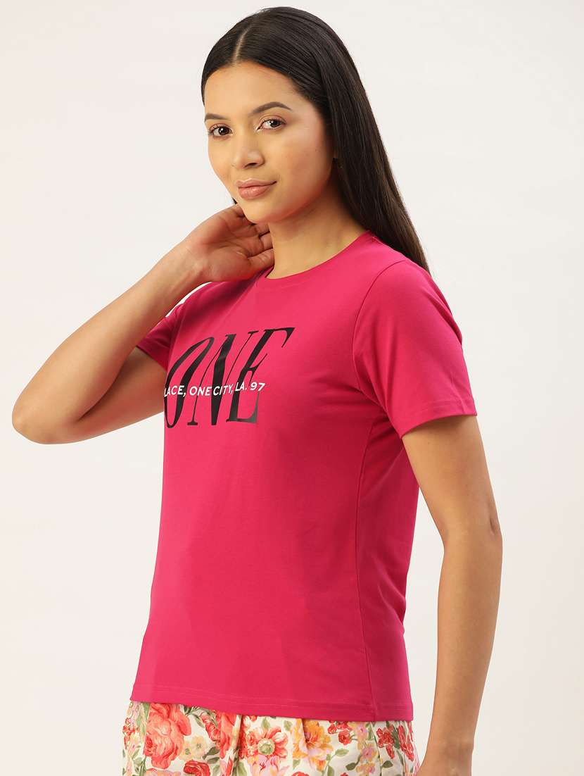 women's chest print round neck t-shirt - 20436453 -  Standard Image - 1