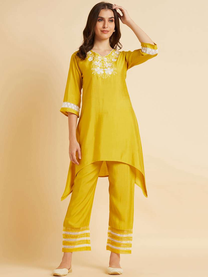 yellow embroidered kurta pant set