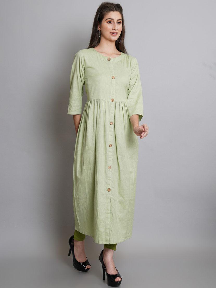 women green mandarin neck flared kurta - 20442649 -  Standard Image - 1