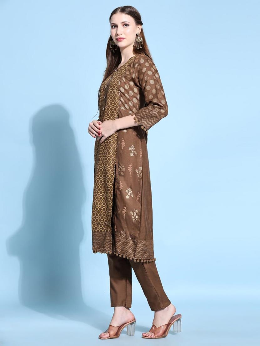 women brown round neck kurta pant set - 20444197 - Standard Image - 1