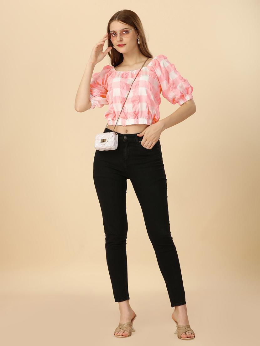peach & white checkered crop top - 20444215 - Standard Image - 4