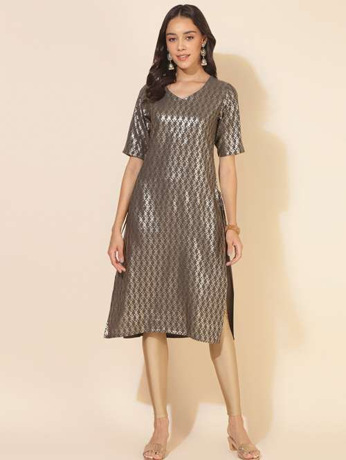 grey foil printed straight kurta - 20445411 -  Standard Image - 0