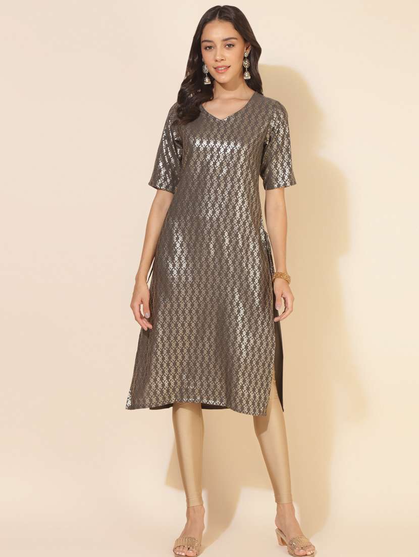 grey foil printed straight kurta