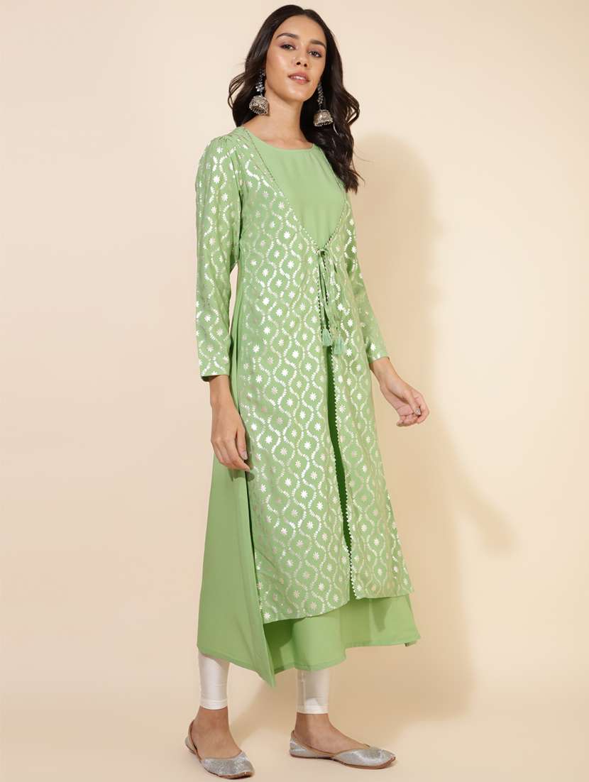 green foil printed layered kurta - 20445414 -  Standard Image - 1