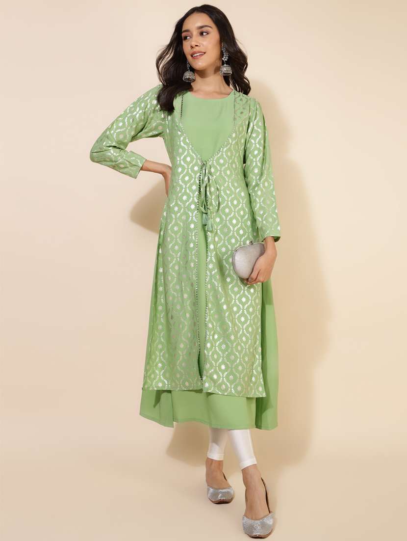 green foil printed layered kurta - 20445414 -  Standard Image - 4