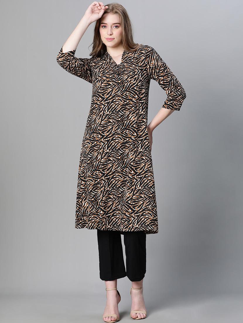 black printed v neck a-line kurta - 20445555 - Standard Image - 1