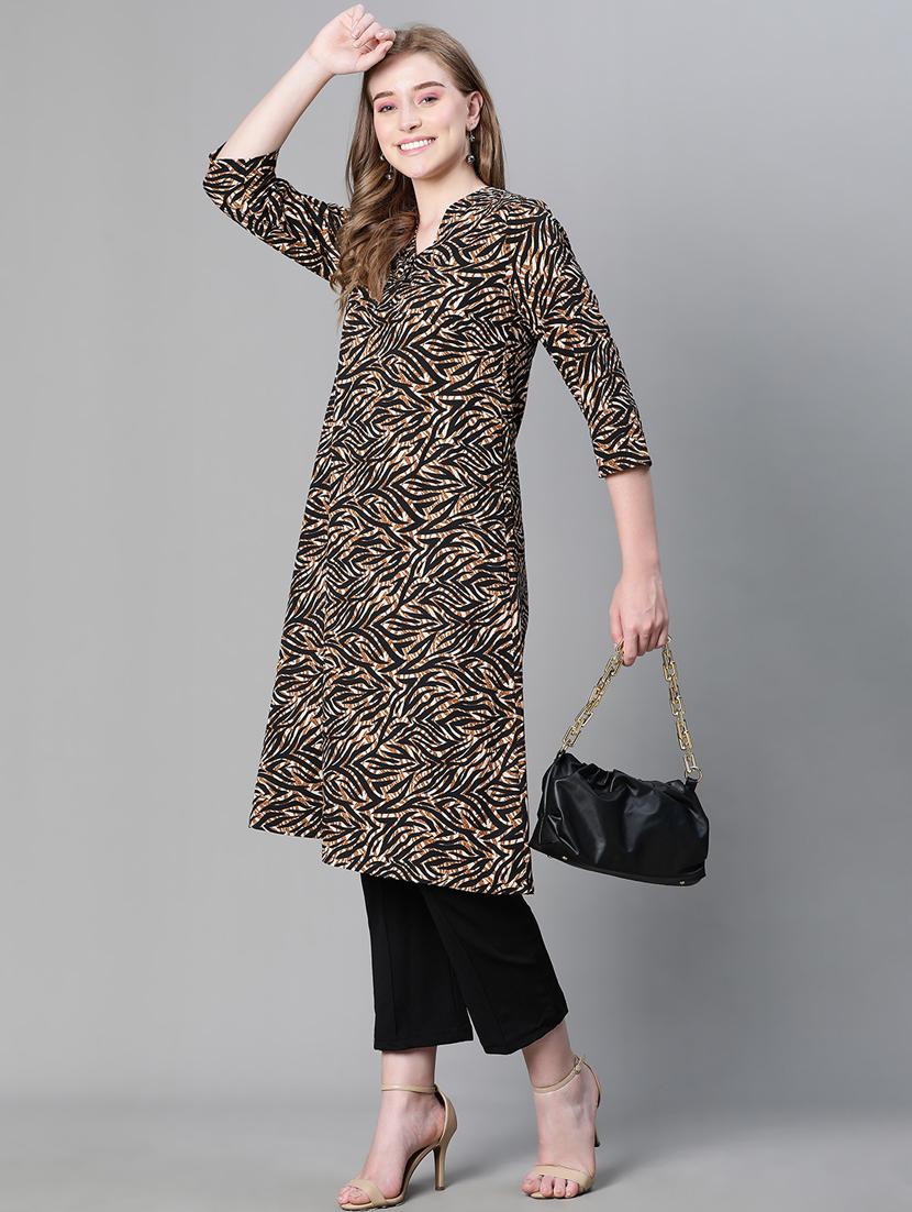black printed v neck a-line kurta - 20445555 - Standard Image - 4