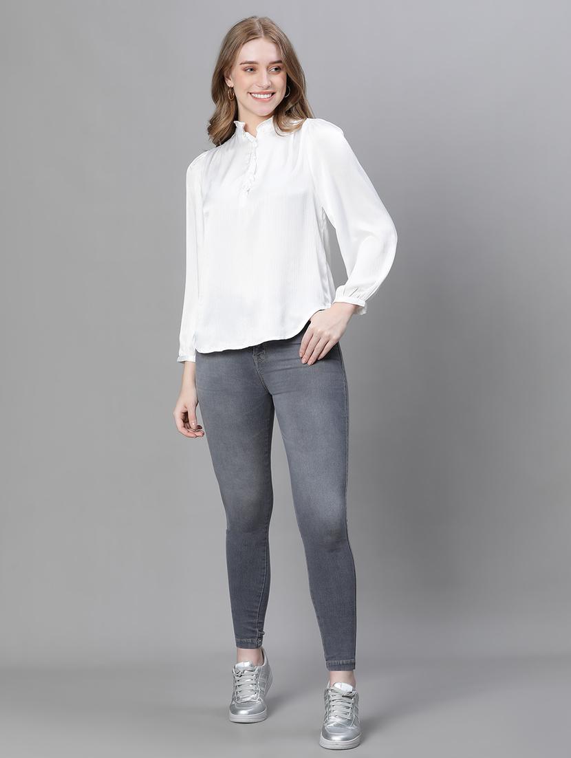 white solid mandarin neck top - 20445604 - Standard Image - 4