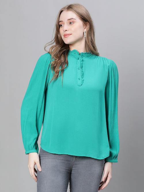 green solid mandarin neck top - 20445607 -  Standard Image - 0