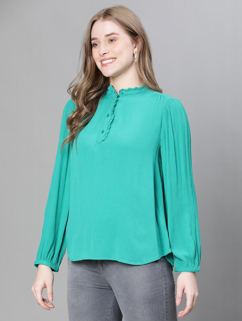 green solid mandarin neck top - 20445607 -  Standard Image - 1