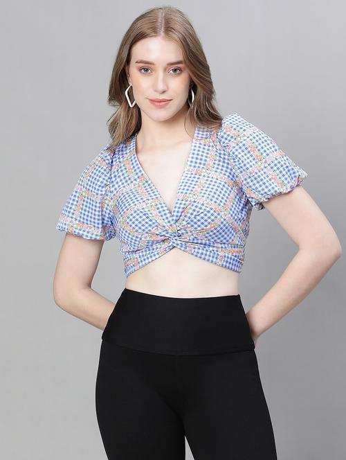 blue printed puff sleeves crop top - 20445610 - Standard Image - 0