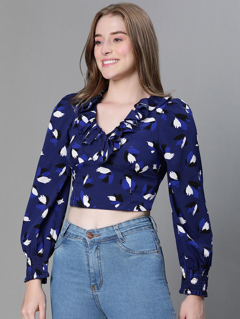 navy blue printed puff sleeves crop top - 20445613 -  Standard Image - 1