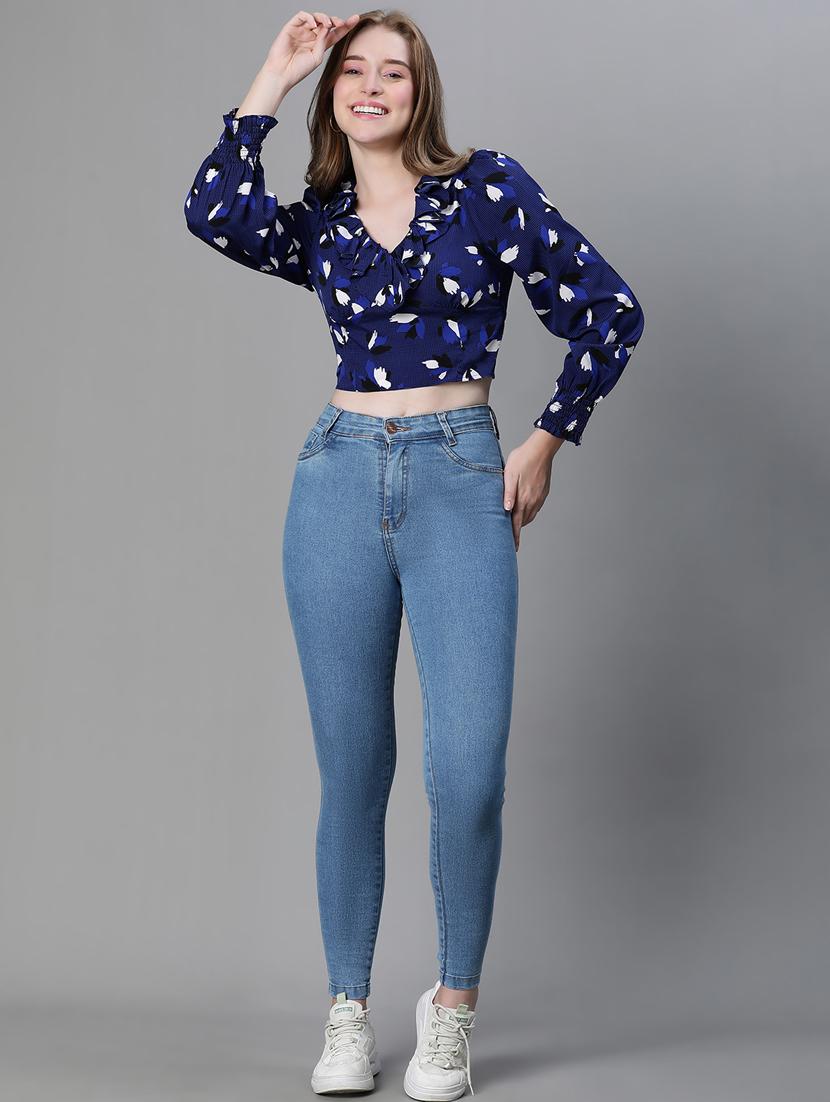 navy blue printed puff sleeves crop top - 20445613 - Standard Image - 4