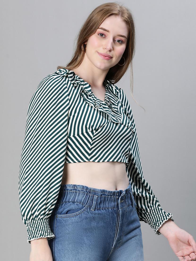 green striped puff sleeves crop top - 20445614 -  Standard Image - 1