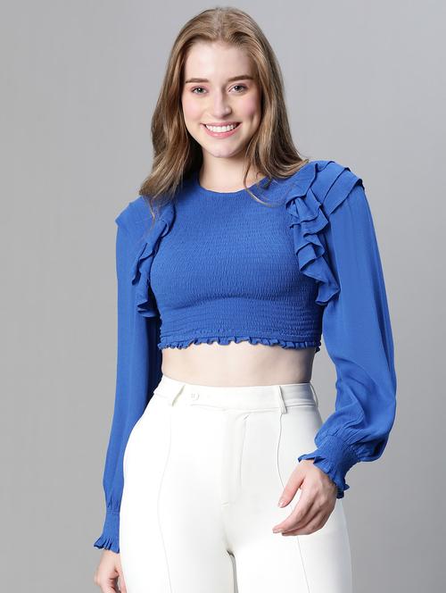 blue solid smocked bishop sleeves top - 20445615 -  Standard Image - 0