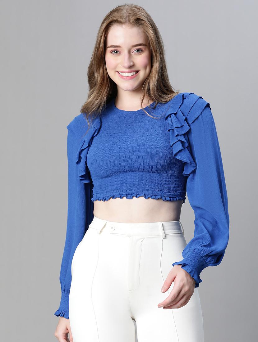 blue solid smocked bishop sleeves top - 20445615 -  Zoom Image - 0