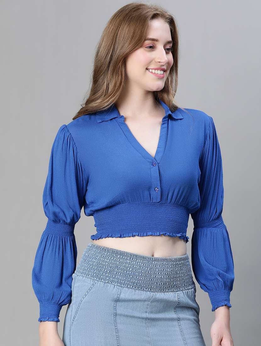 blue solid shirt collar crop top - 20445619 - Standard Image - 1