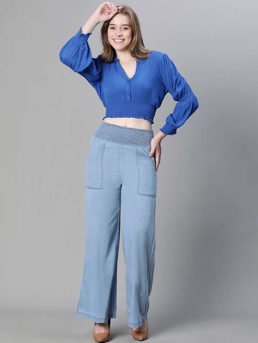 blue solid shirt collar crop top - 20445619 - Standard Image - 4