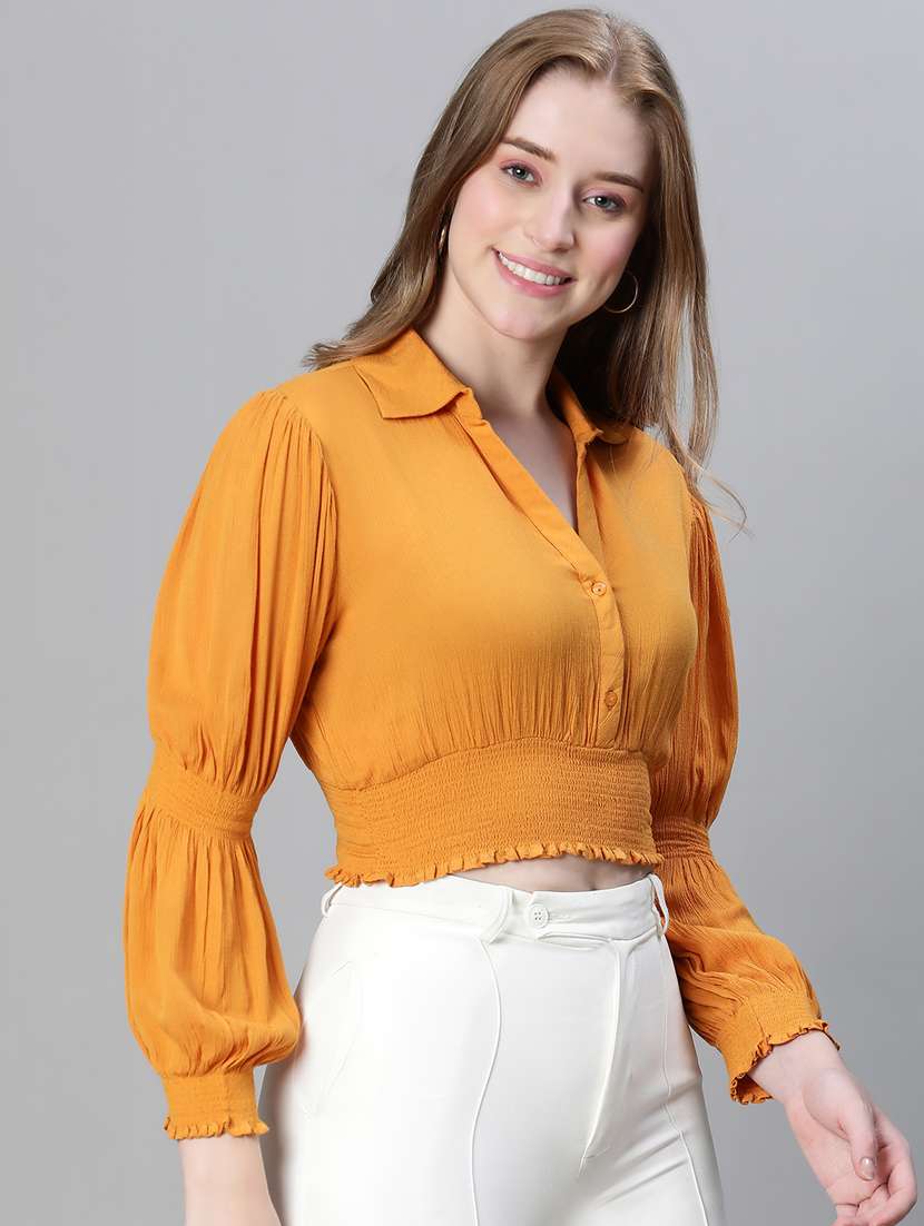 yellow solid puff sleeves shirt collar top - 20445620 - Standard Image - 1