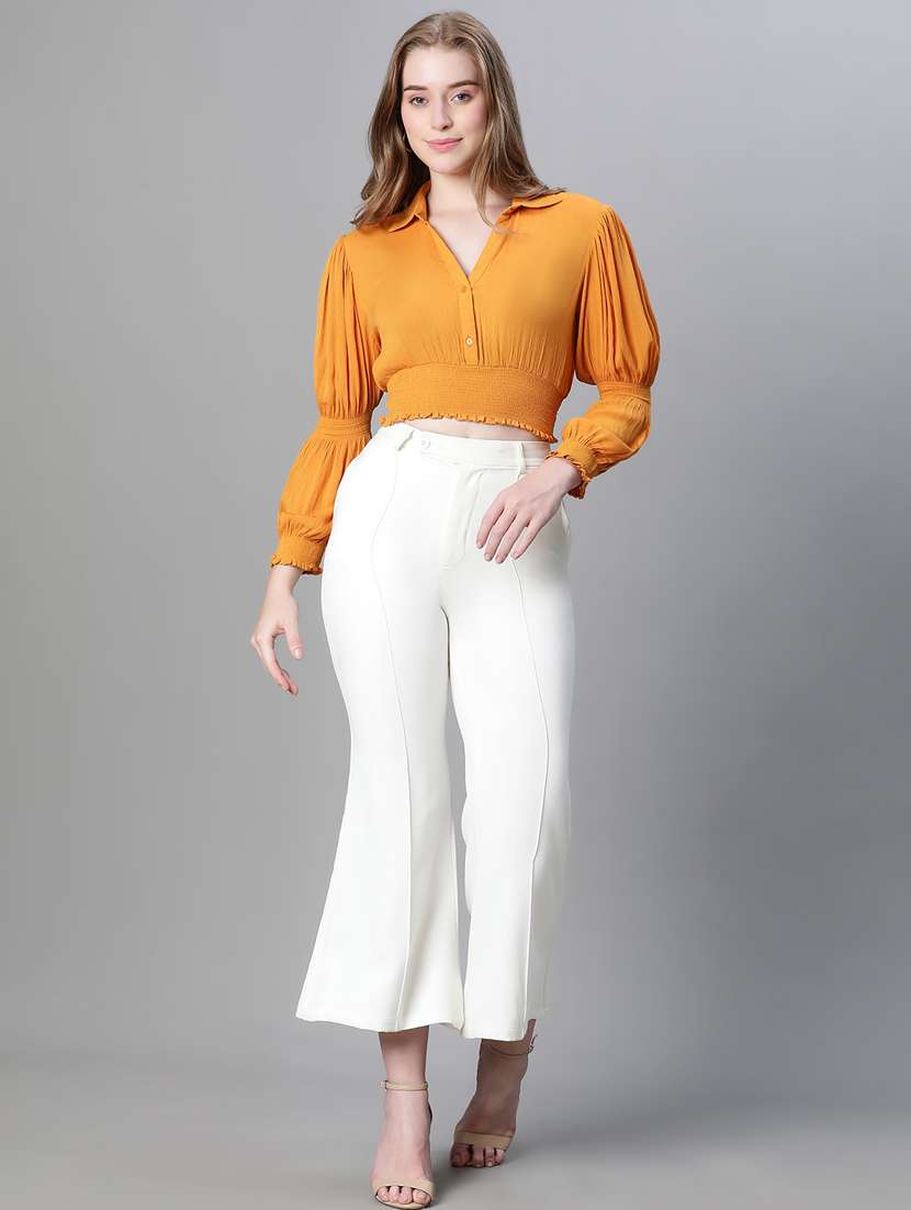 yellow solid puff sleeves shirt collar top - 20445620 - Standard Image - 4