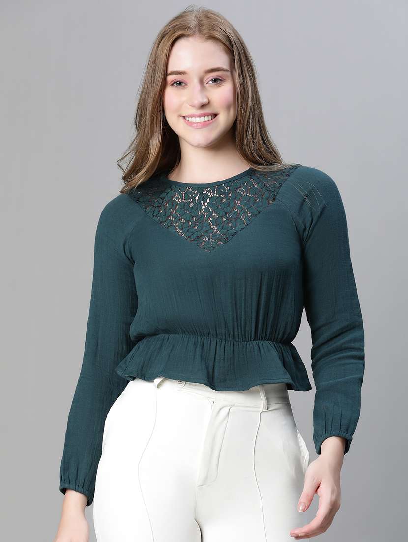 teal lace deatiled long sleeves peplum top
