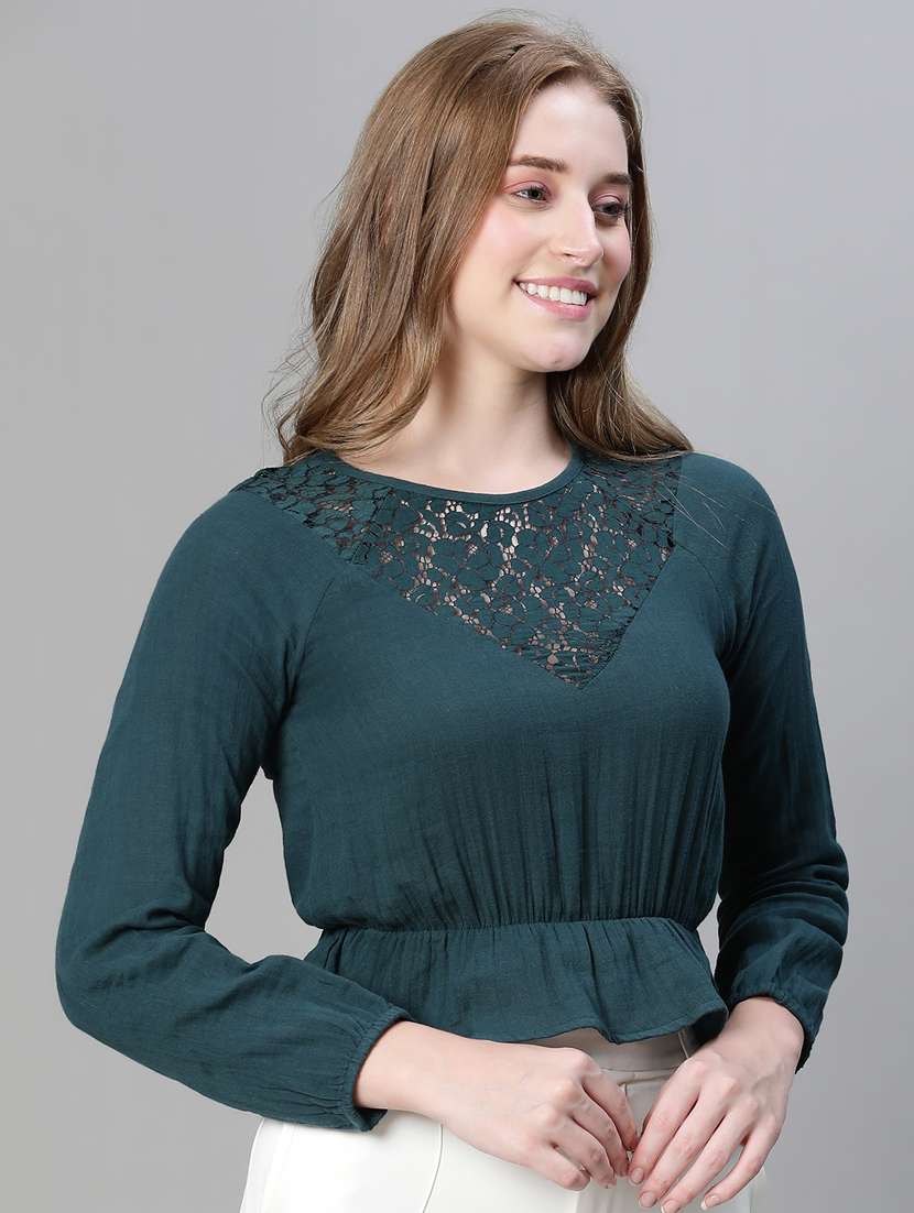teal lace deatiled long sleeves peplum top - 20445622 -  Standard Image - 1