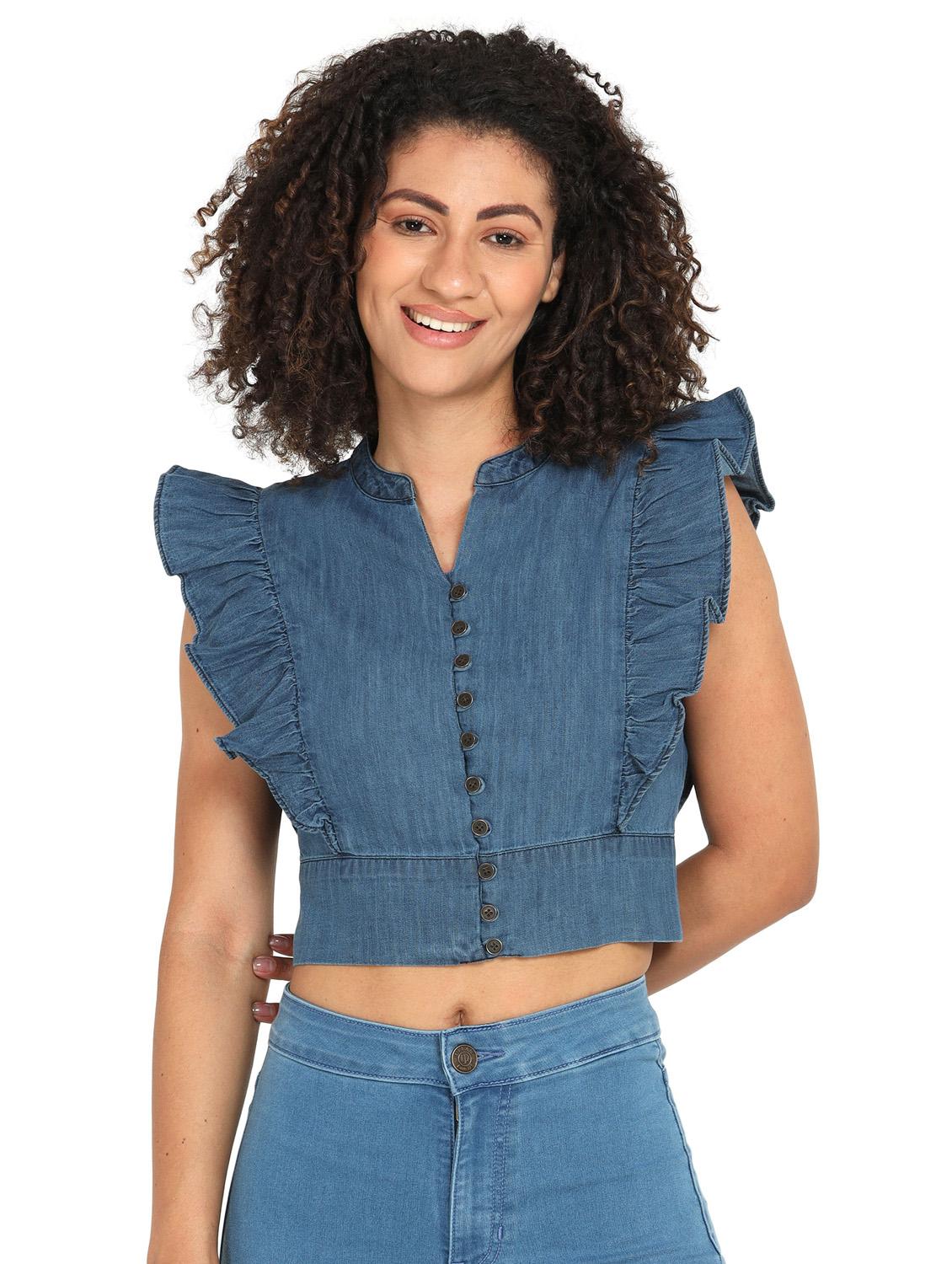 women's blue denim ruffle top - 20445625 - Zoom Image - 0