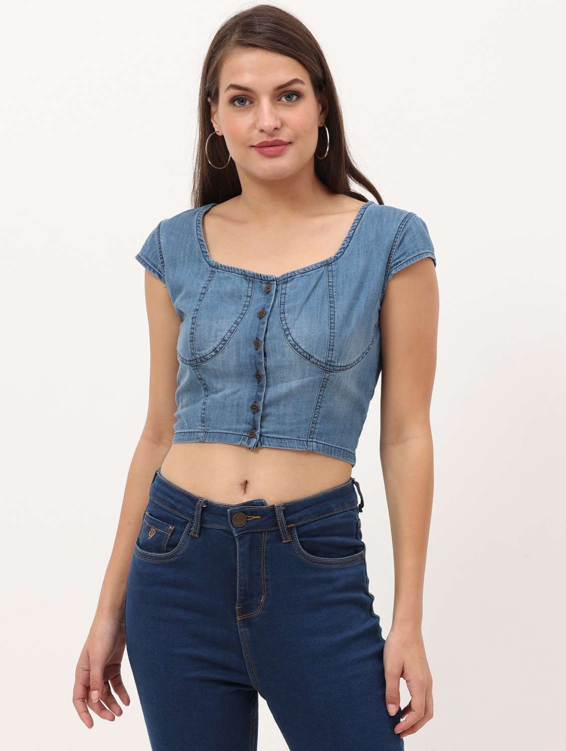 women's blue sweetheart neck crop top
