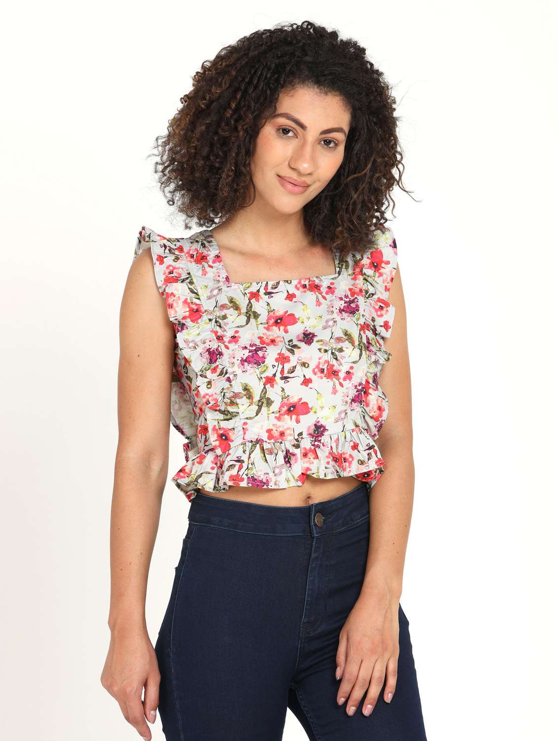 women's multi colored ruffle crop top