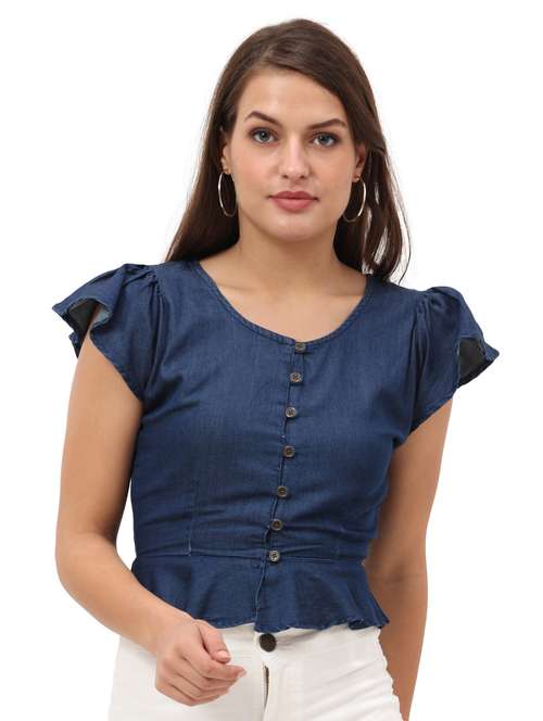 women's blue denim crop top - 20445647 - Standard Image - 0