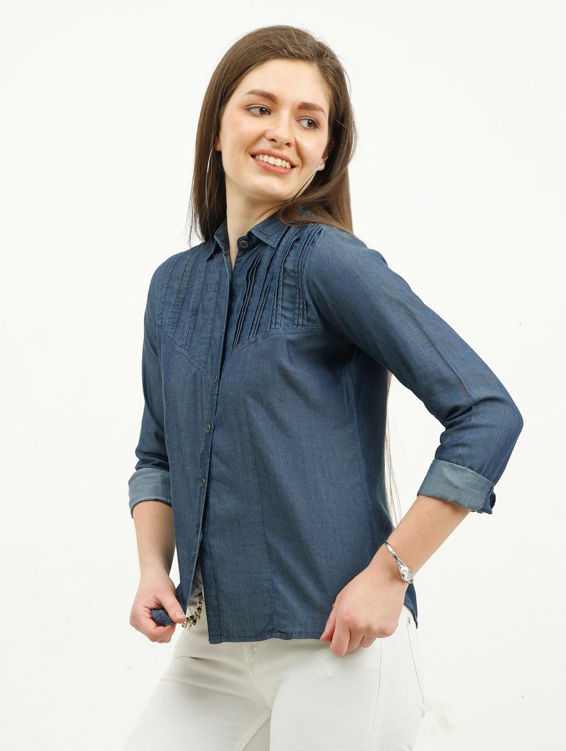 women's blue denim a-line shirt top - 20445654 - Standard Image - 1