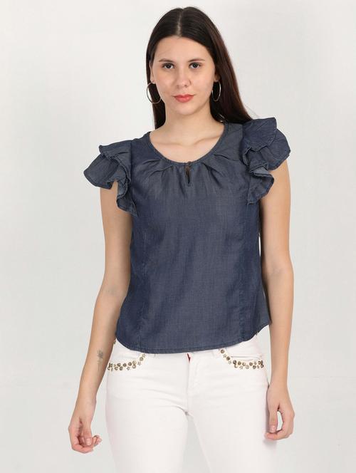 women's dark blue denim ruffle top - 20445656 -  Standard Image - 0