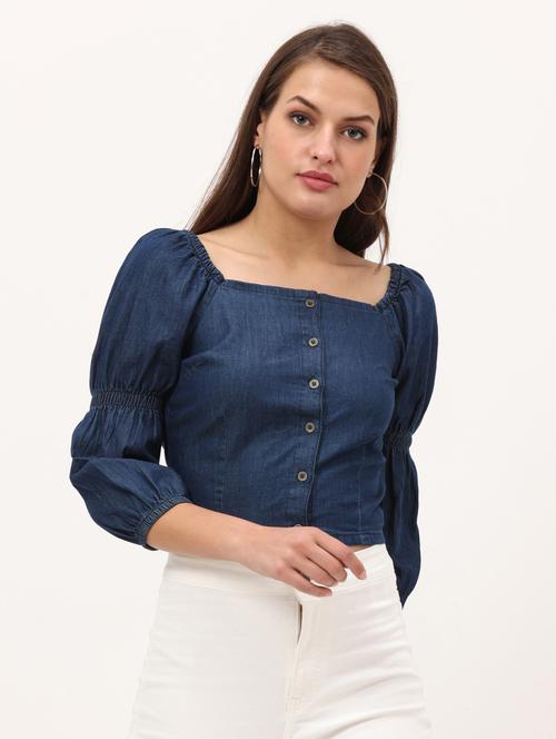 women's blue denim square neck crop top - 20445657 - Standard Image - 0