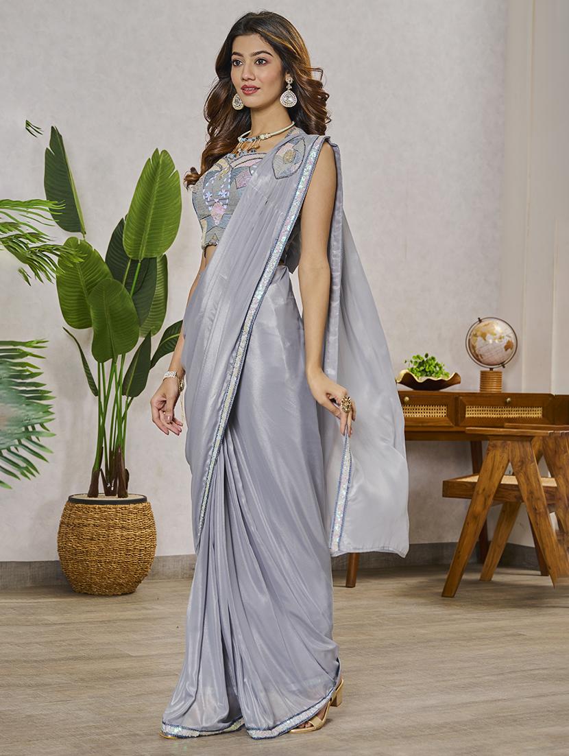 lace bordered plain ready to wear saree with blouse - 20446413 - Zoom Image - 0