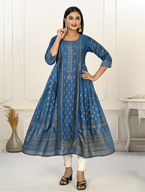 women three quarter sleeve flared kurta - 20446449 - Standard Image - 0