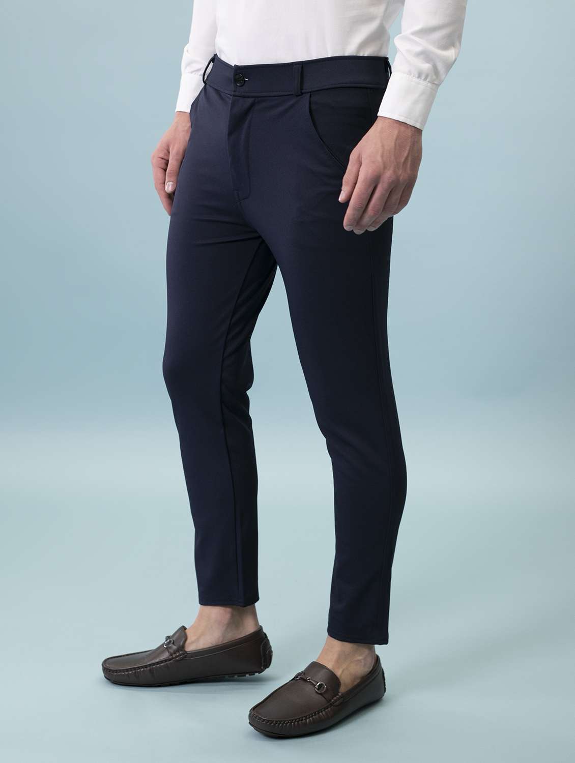 navy blue lycra flat front casual trouser - 20446790 -  Standard Image - 1
