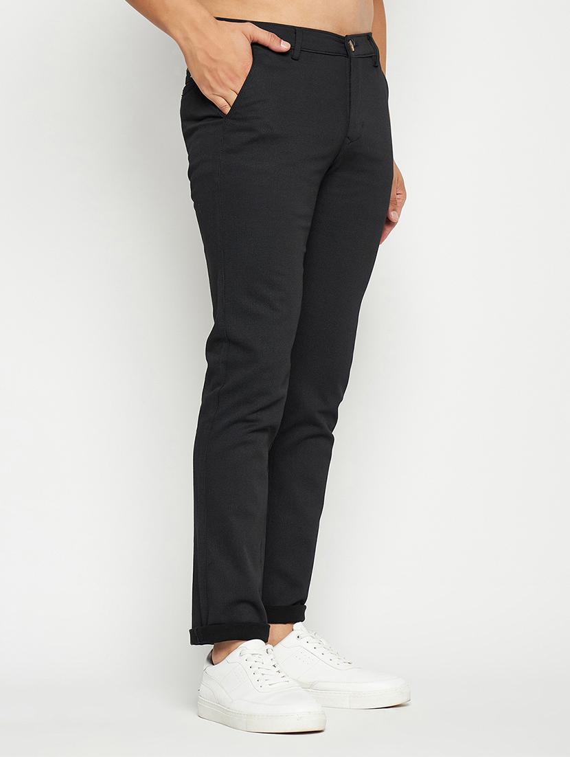 men solid black cotton flat front casual trouser - 20446910 - Standard Image - 1