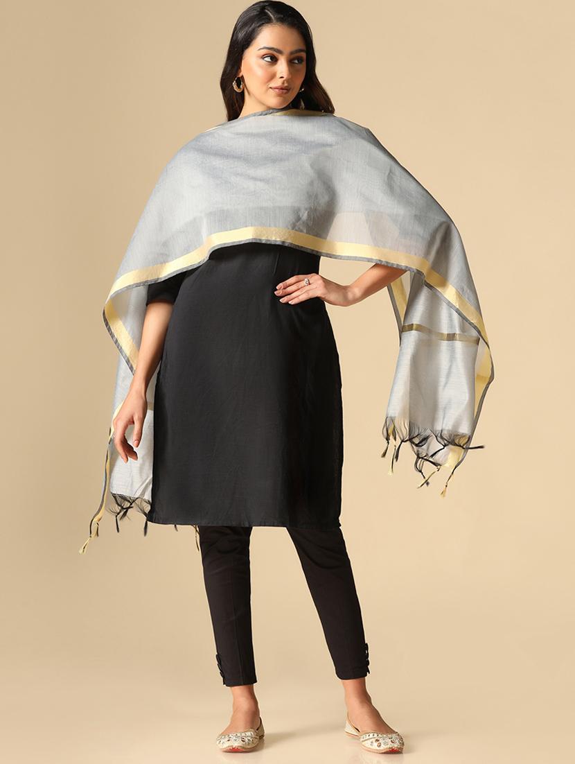 women grey plain chanderi dupatta - 20446922 -  Standard Image - 1