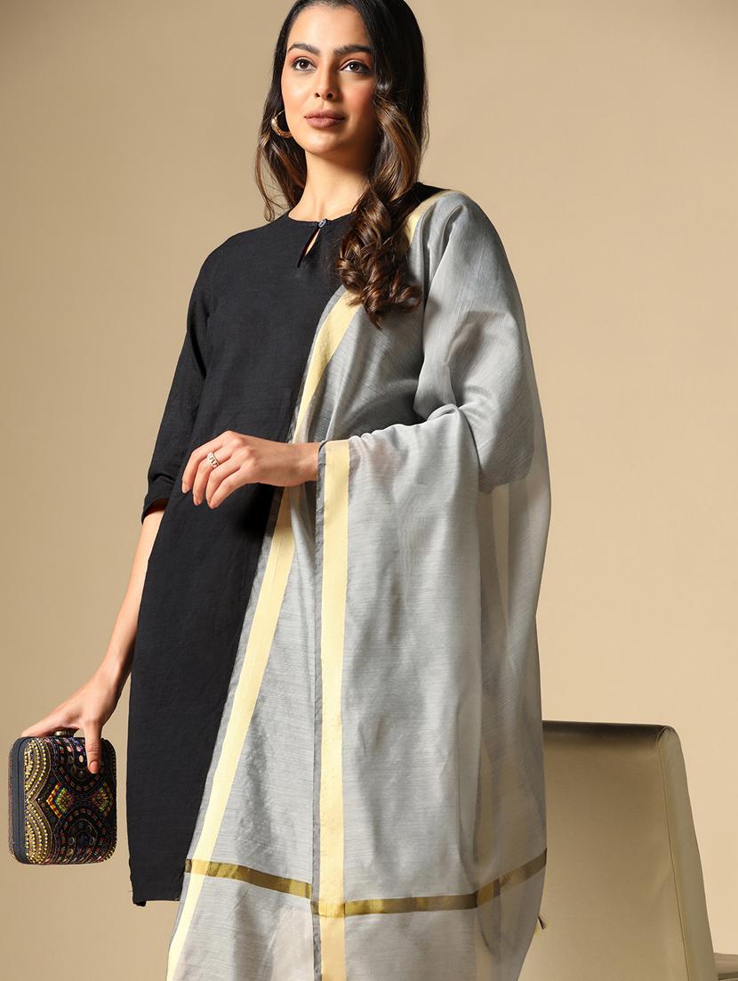 women grey plain chanderi dupatta - 20446922 - Standard Image - 6