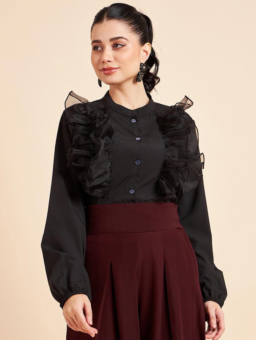 black solid ruffle detailed regular shirt - 20448548 - Zoom Image - 0