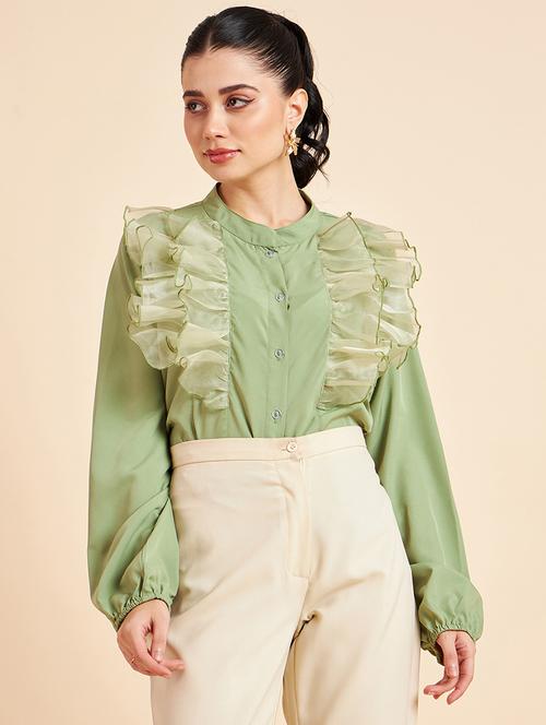 green solid ruffle detailed regular shirt - 20448549 -  Standard Image - 0