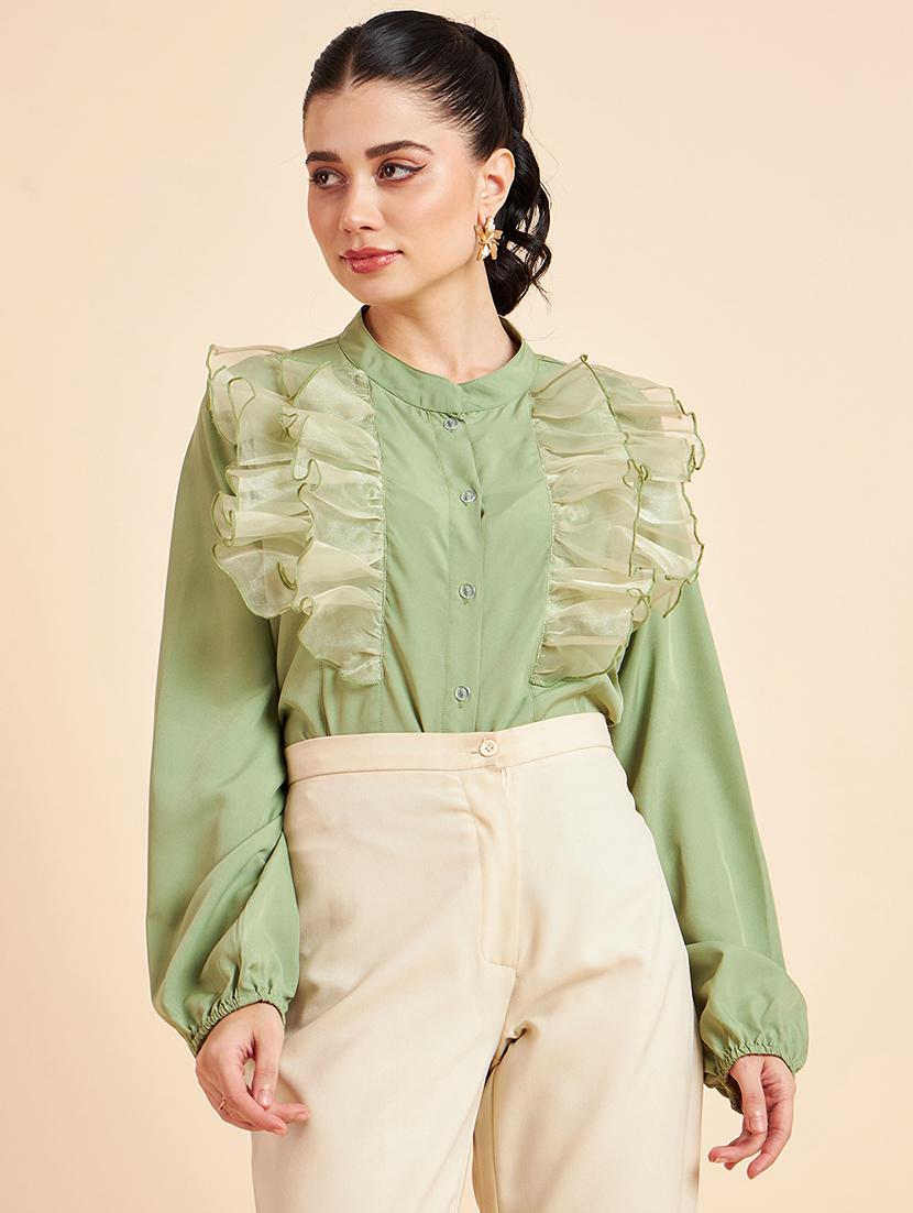 green solid ruffle detailed regular shirt - 20448549 -  Zoom Image - 0