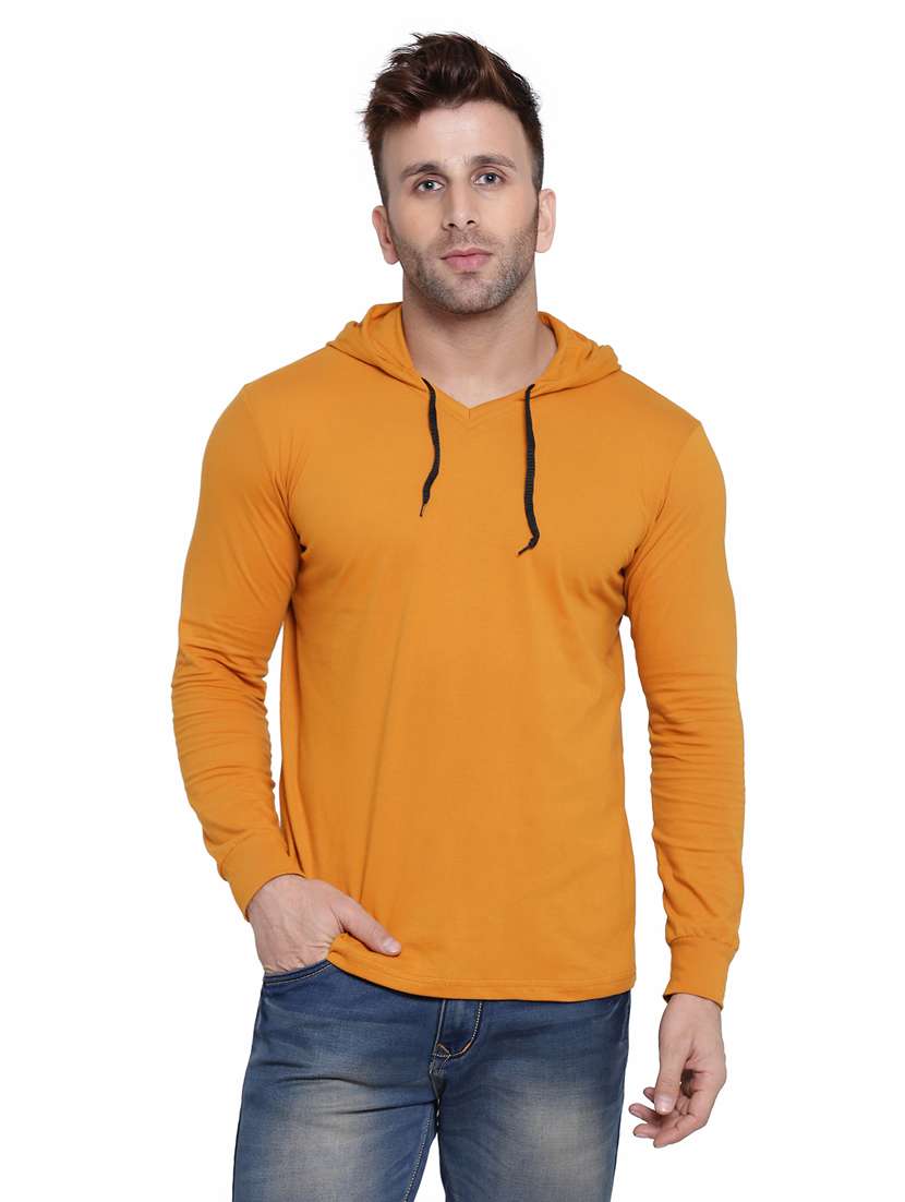 men mustard solids hooded sweatshirts