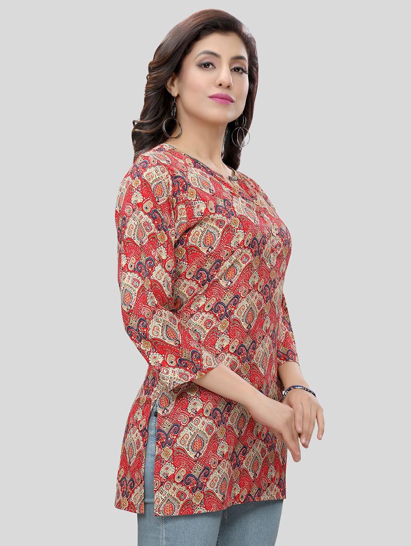 red three quarter sleeve straight kurti - 20448900 - Standard Image - 1