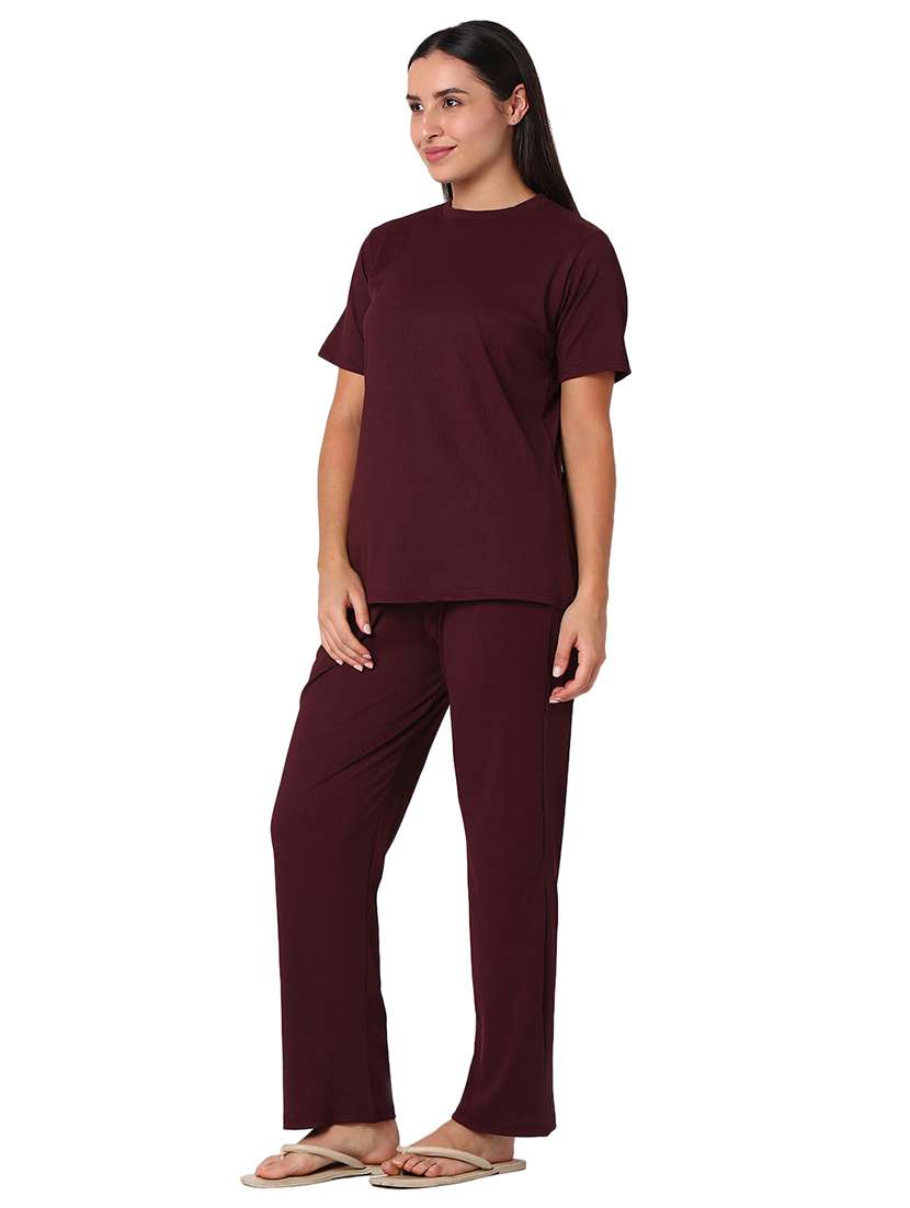 burgundy solid pyjama nightwear set - 20448951 -  Standard Image - 1