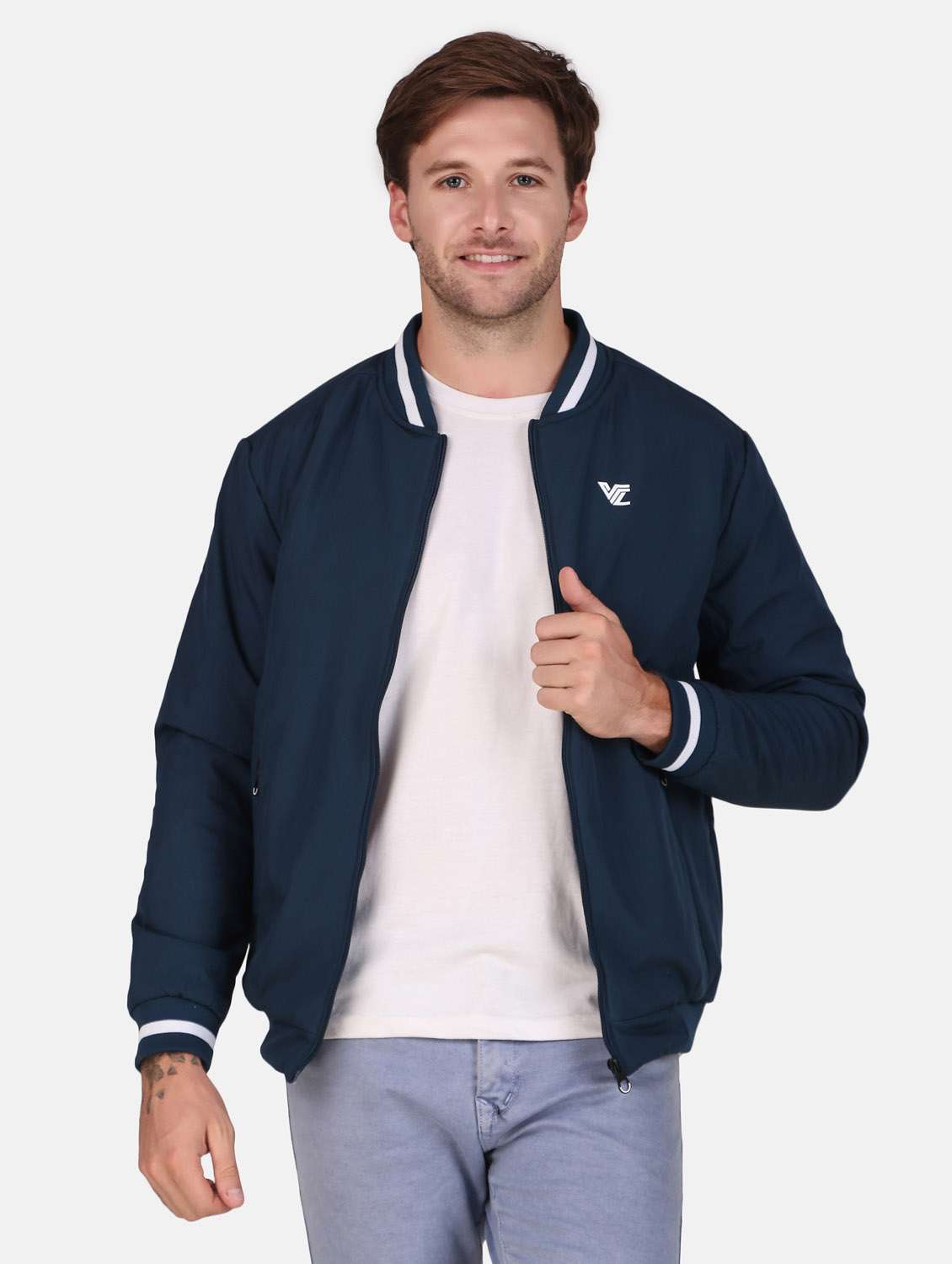 men solid navy blue polyester bomber jacket - 20449014 -  Standard Image - 1