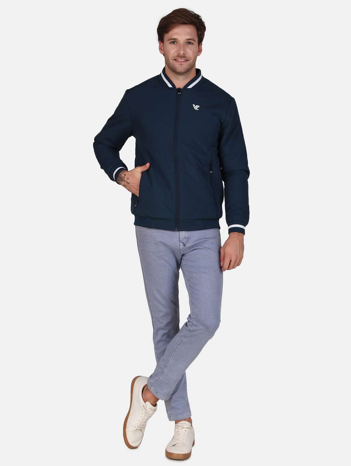 men solid navy blue polyester bomber jacket - 20449014 -  Standard Image - 4