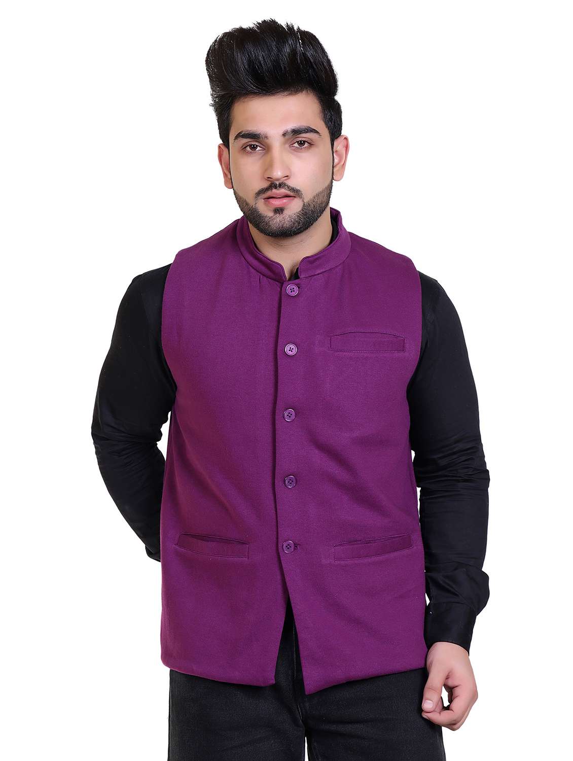 men solid purple cotton nehru jacket