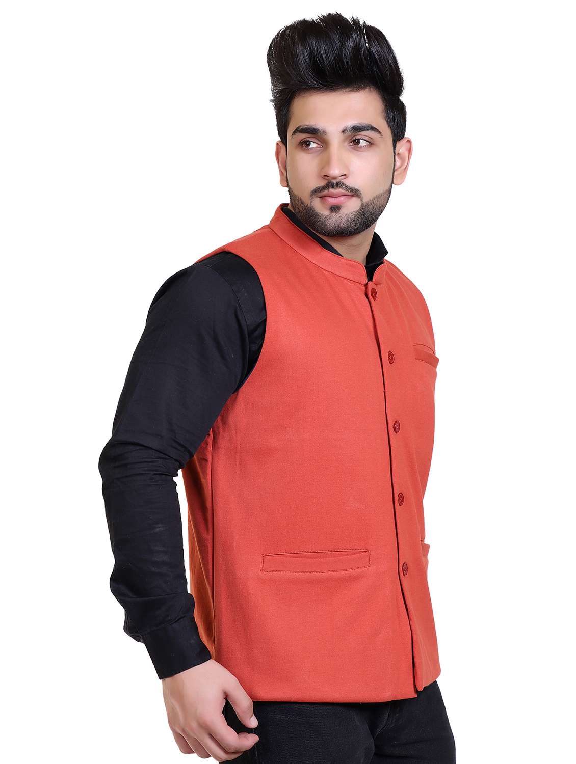 men solid orange cotton nehru jacket - 20449180 -  Standard Image - 1