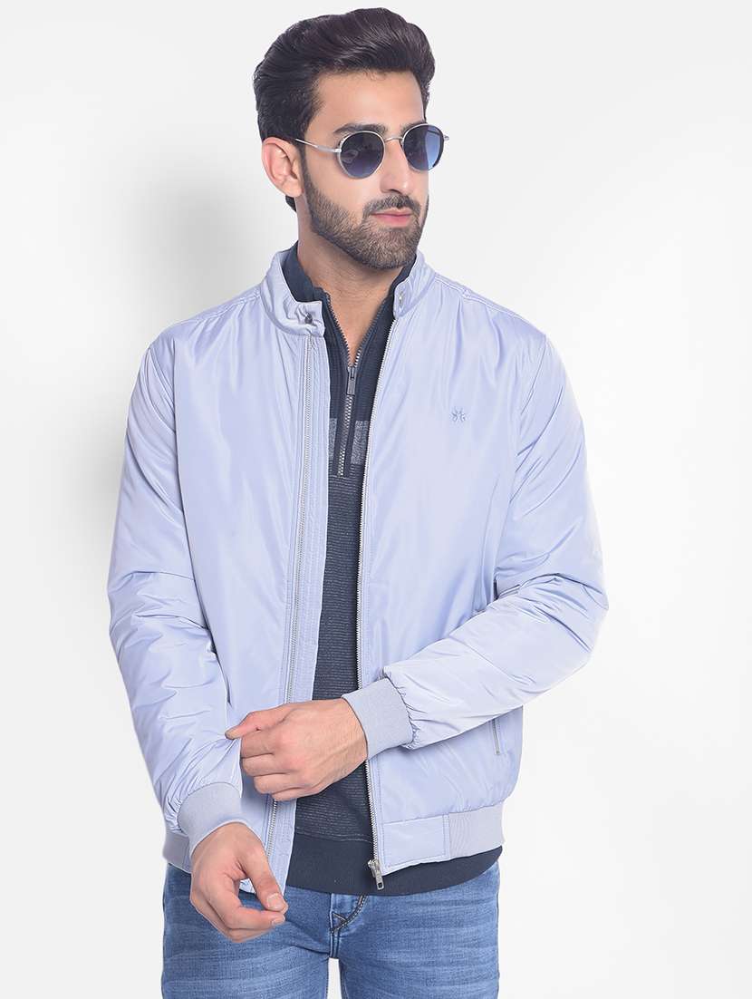 men light blue polyester casual jacket
